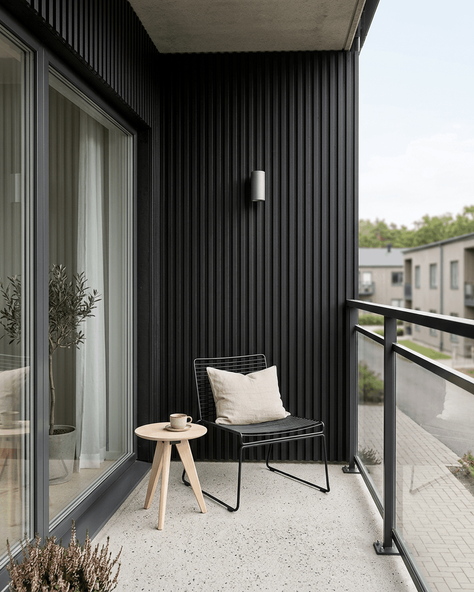 Balcón con un panel de fachada Aluwood negro de WoodUpp, barandilla de cristal, silla de alambre con cojín, mesa redonda con taza y una planta en maceta.